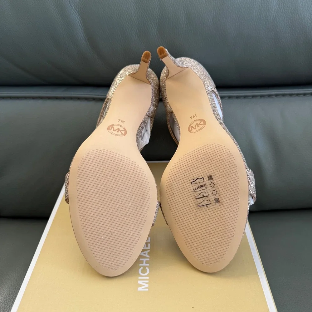 Michael Kors Ava Mid Sandal Glitter Mesh Rose Gold Sand 7M 40F9AVMA3D